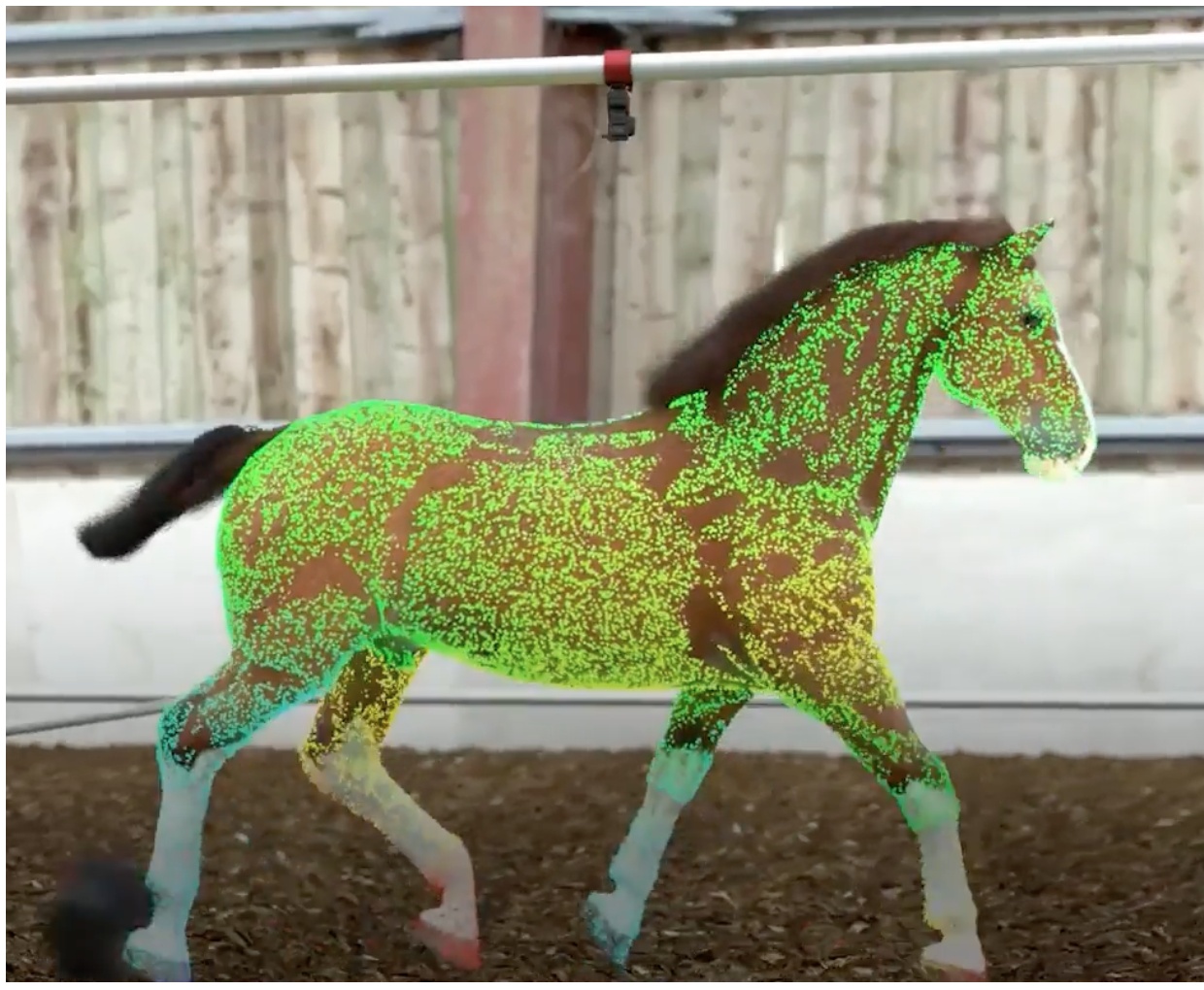 A trotting horse overlaid with thousands of AI tracking points.